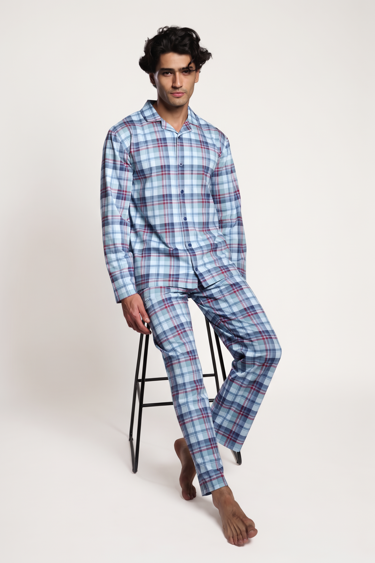 Men's long checked cotton shirt-style pyjamas