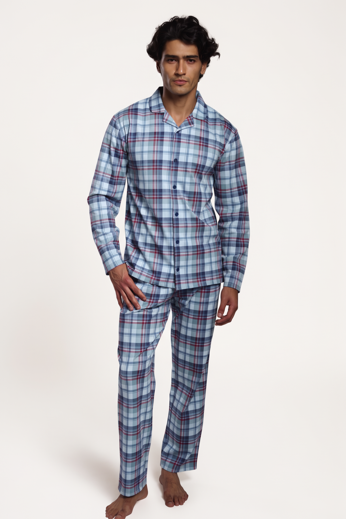 Men's long checked cotton shirt-style pyjamas