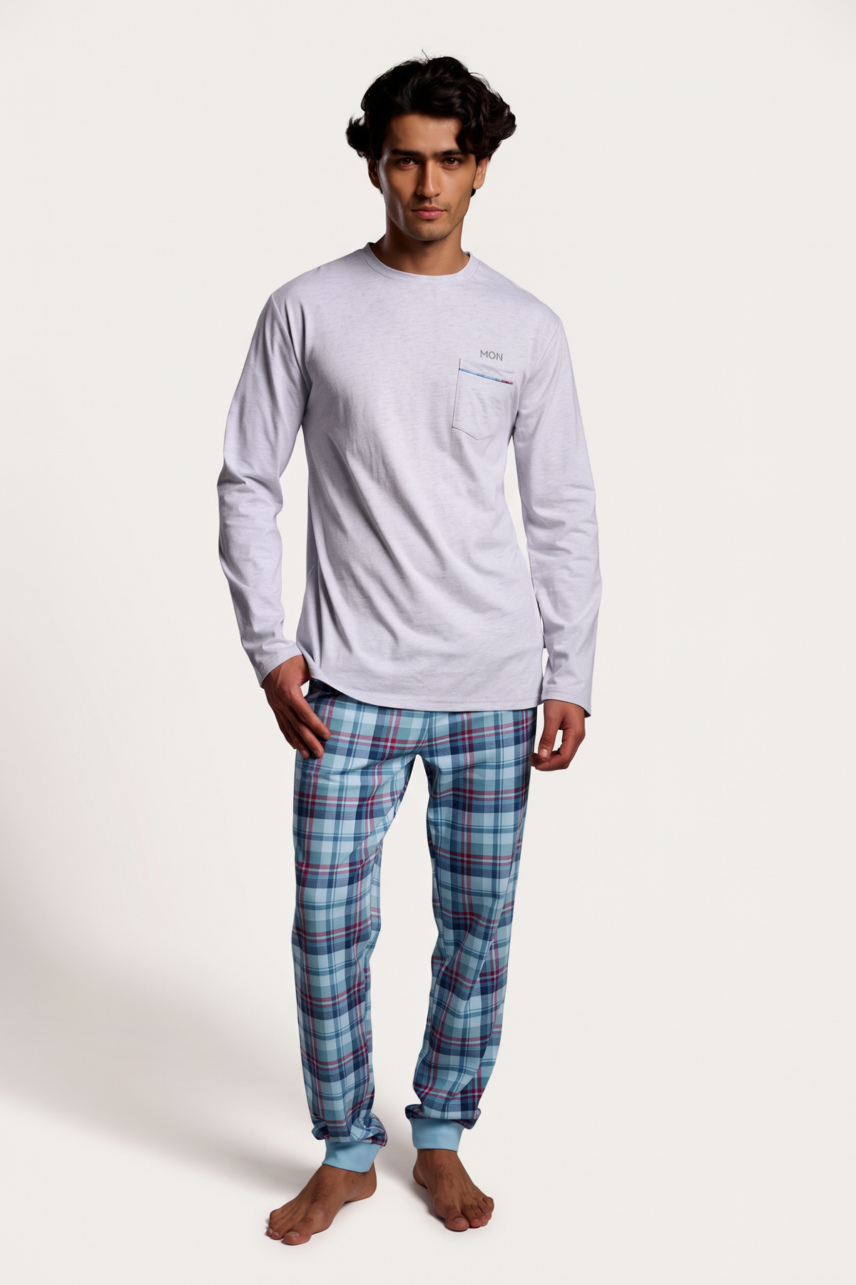 Men's long cotton checked pyjamas