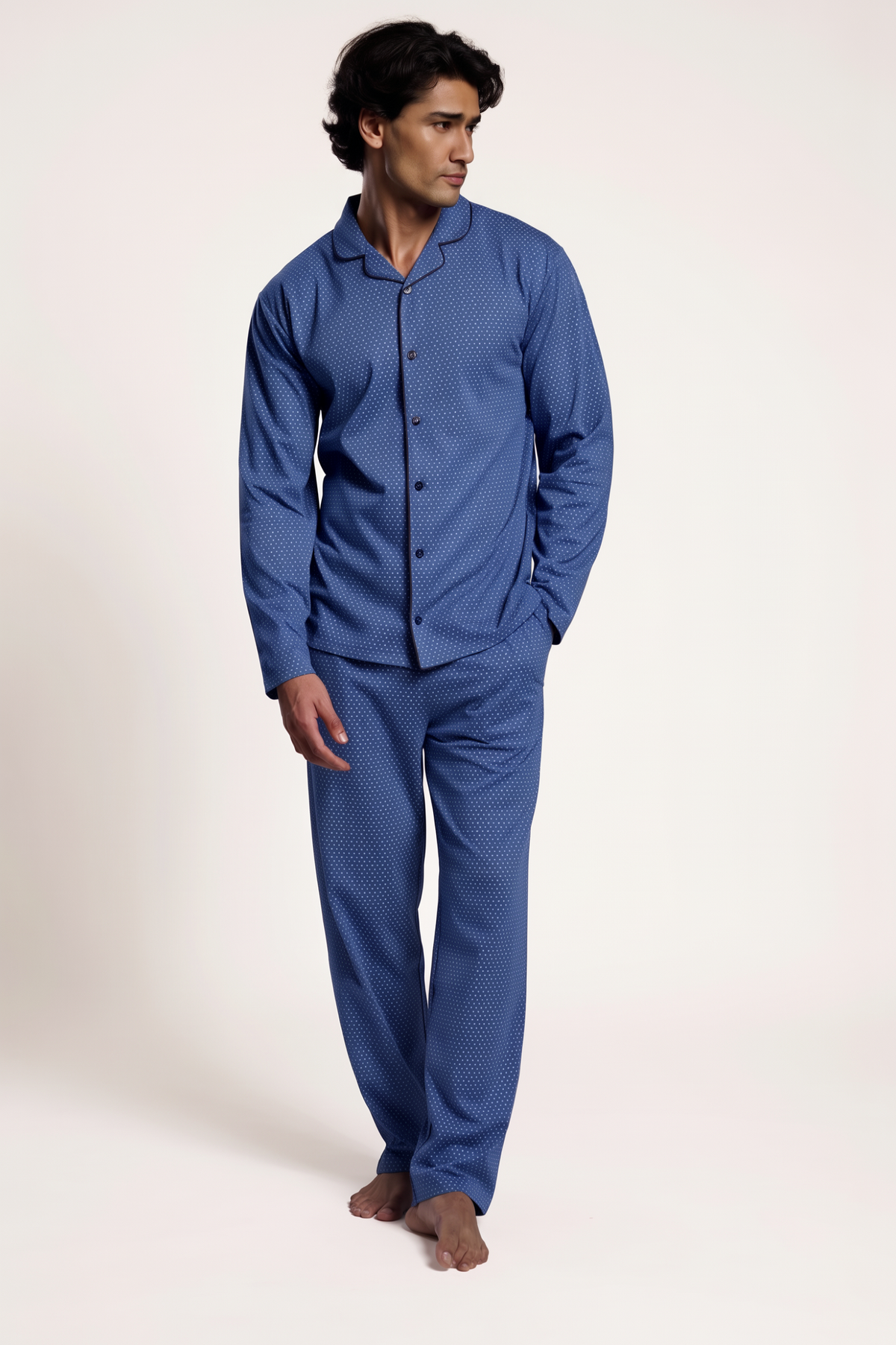 Men's long cotton printed shirt-style pyjamas