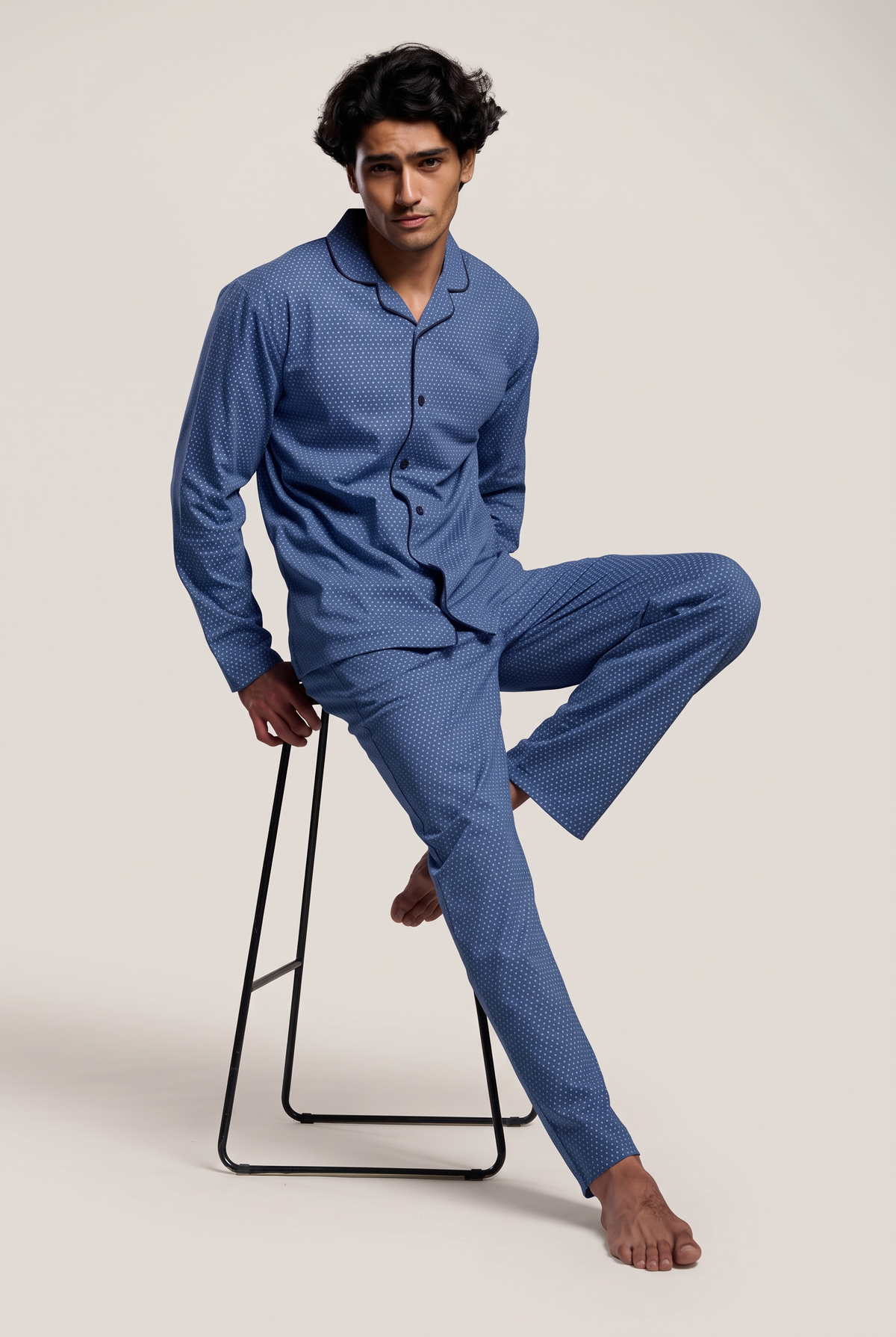 Men's long cotton printed shirt-style pyjamas