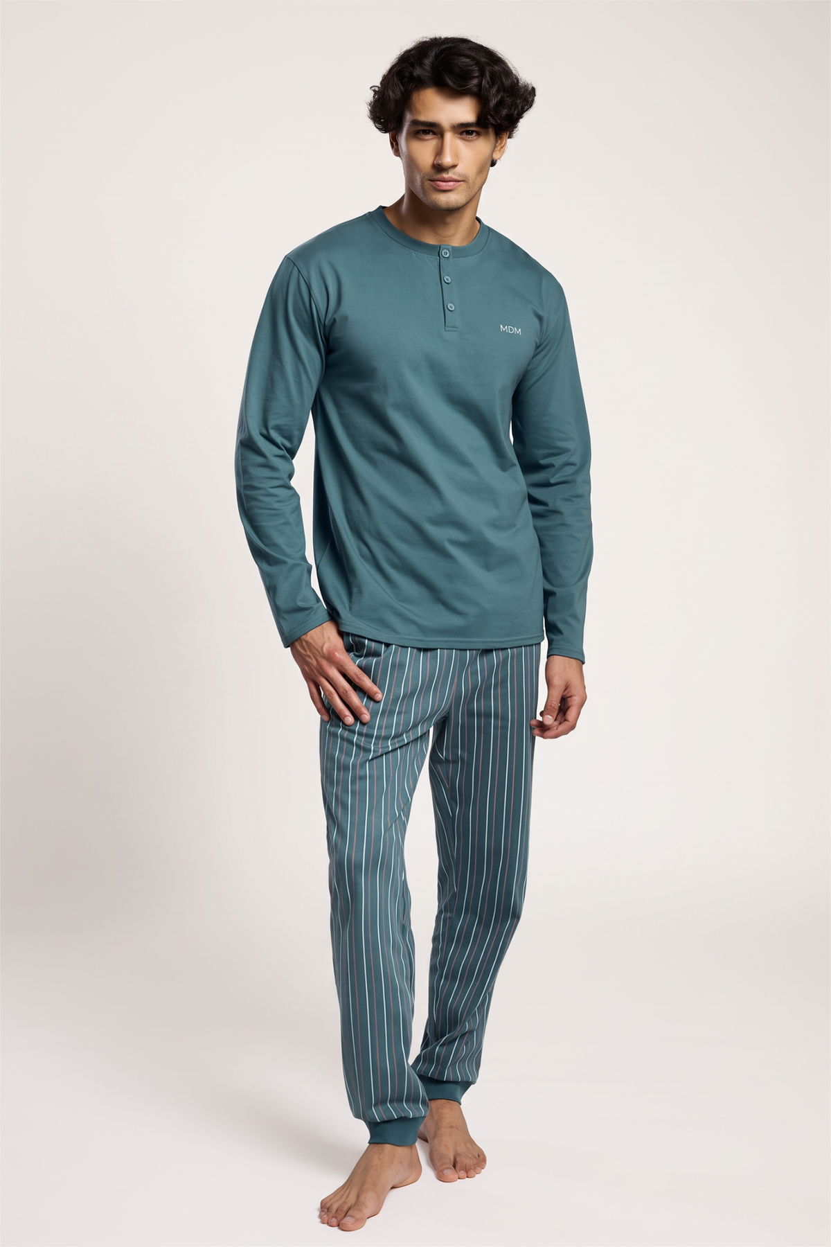 Men's long cotton Henley-neck striped pyjamas