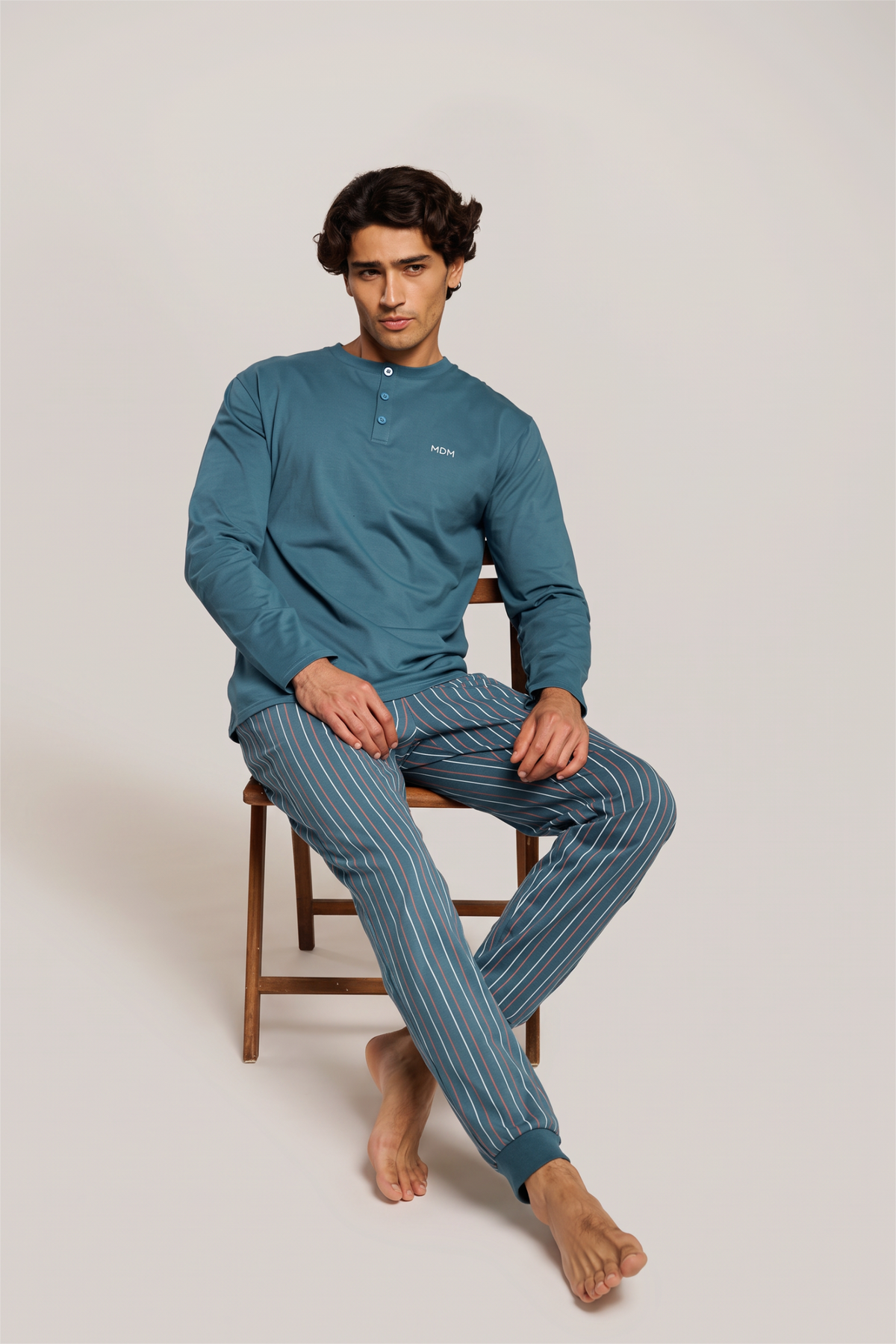 Men's long cotton Henley-neck striped pyjamas