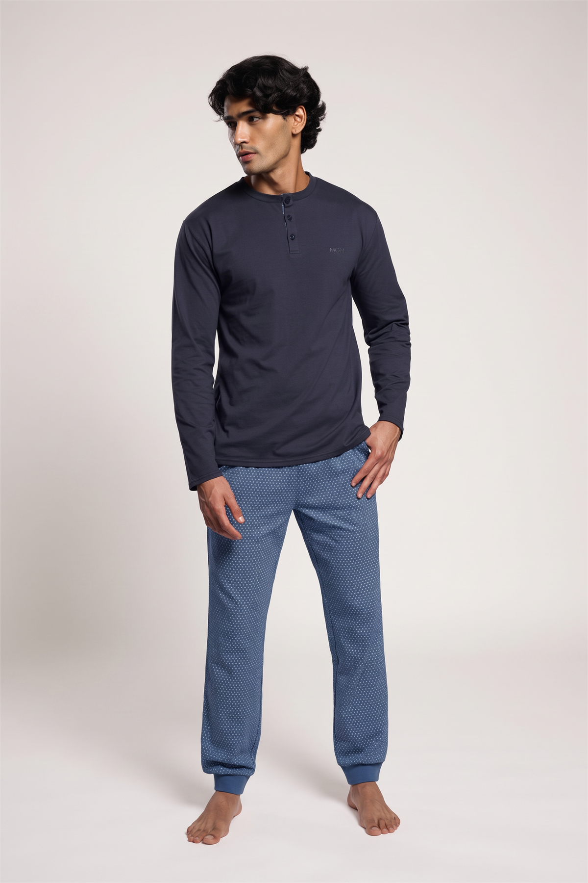 Men's long cotton shirt-style Henley-neck printed pyjamas