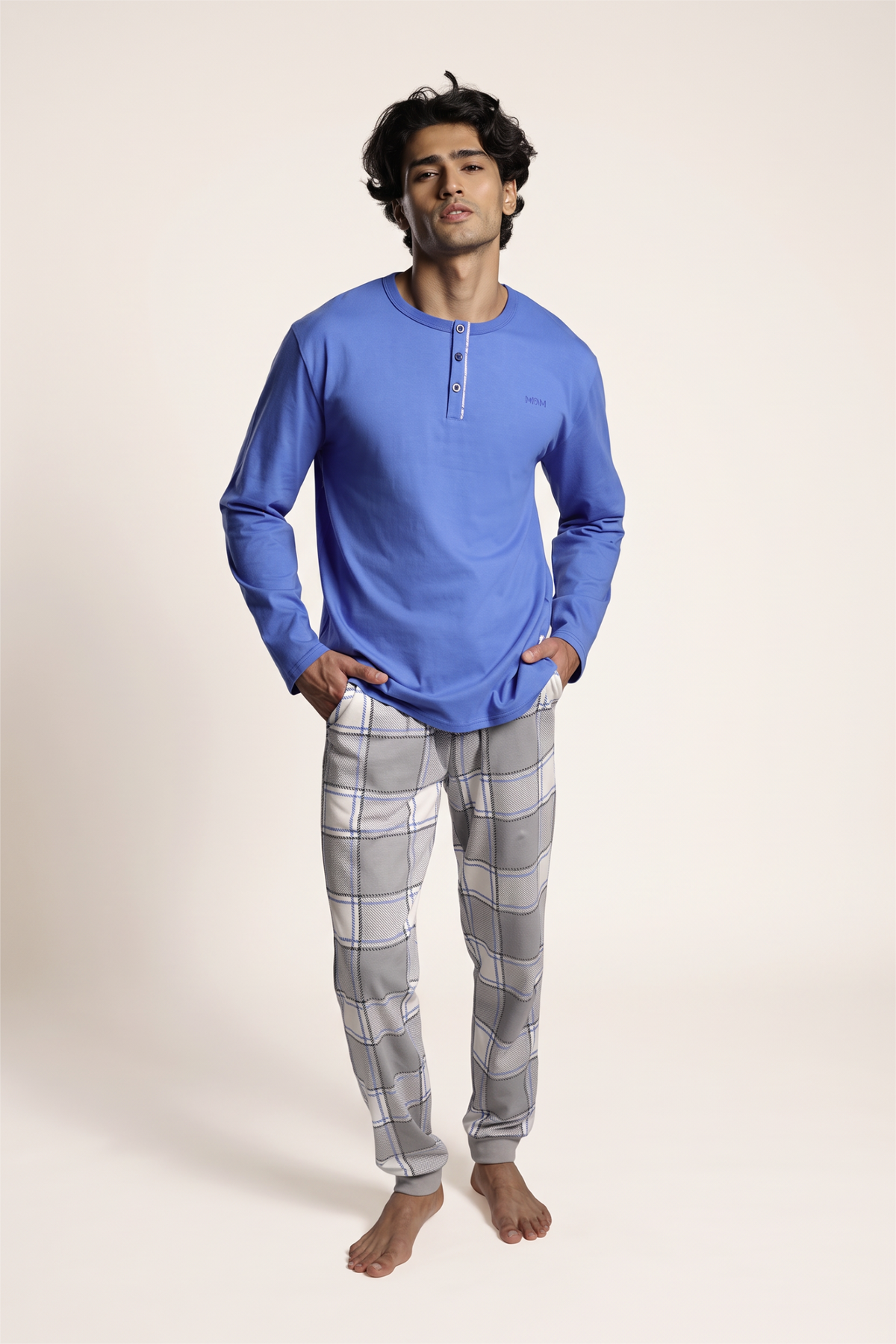 Men's long cotton Henley-neck checked pyjamas