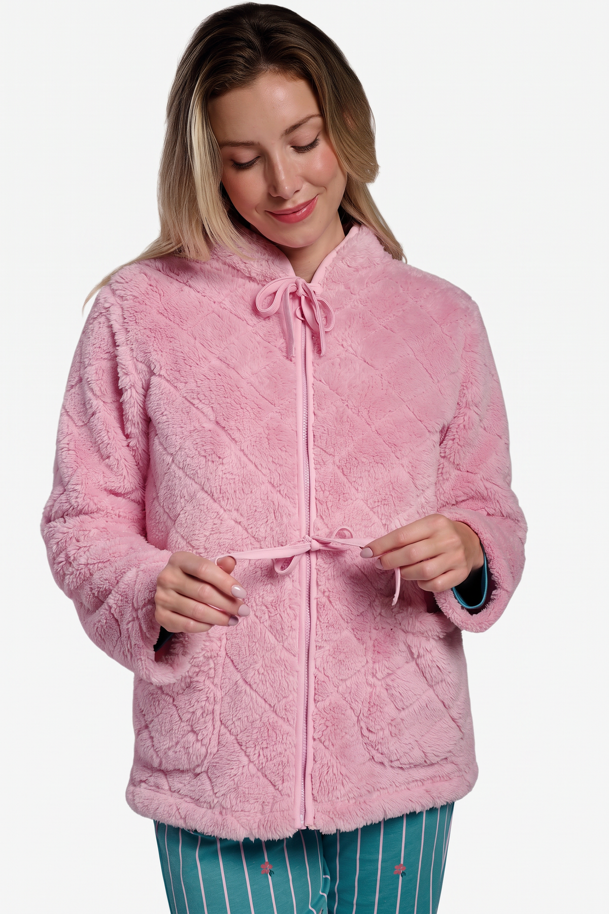 Women's short pink sherpa fleece robe with bow details