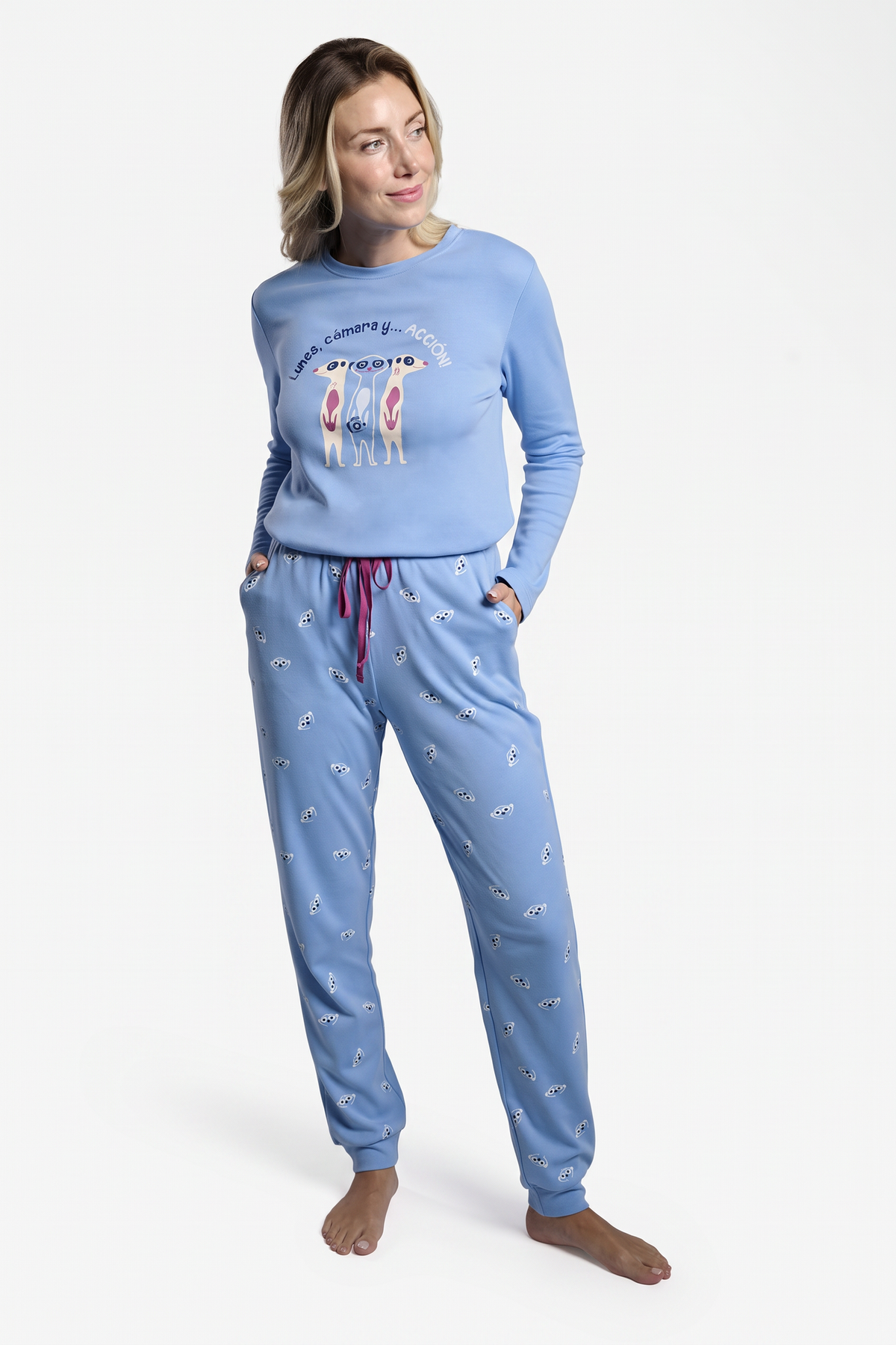 Women's long brushed blue meerkat pyjamas