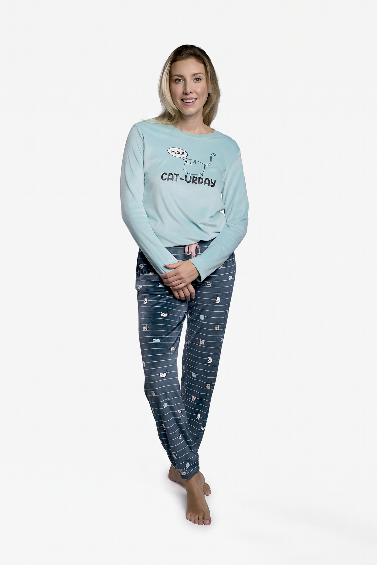 Women's long blue velvet cat-print pyjamas
