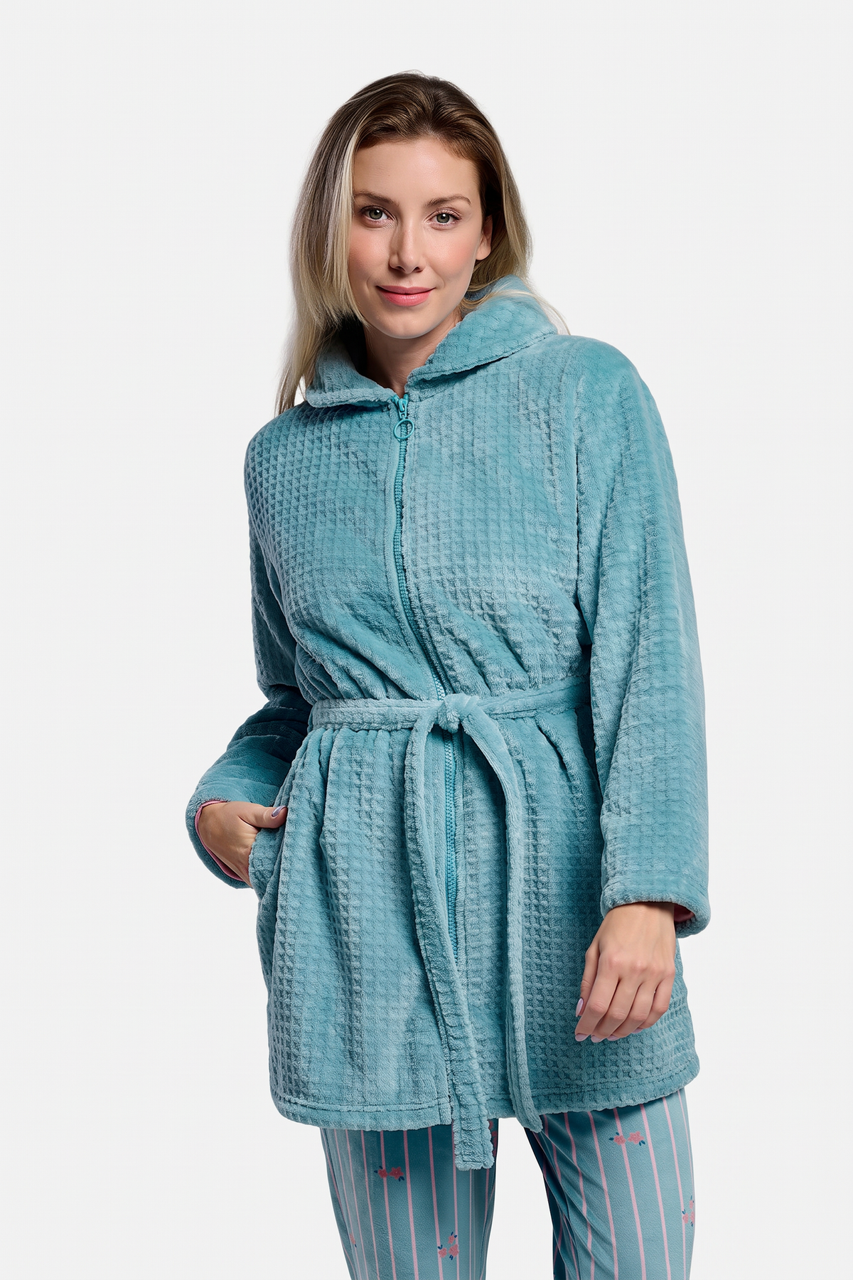 Women's short textured coral fleece robe with zip and belt
