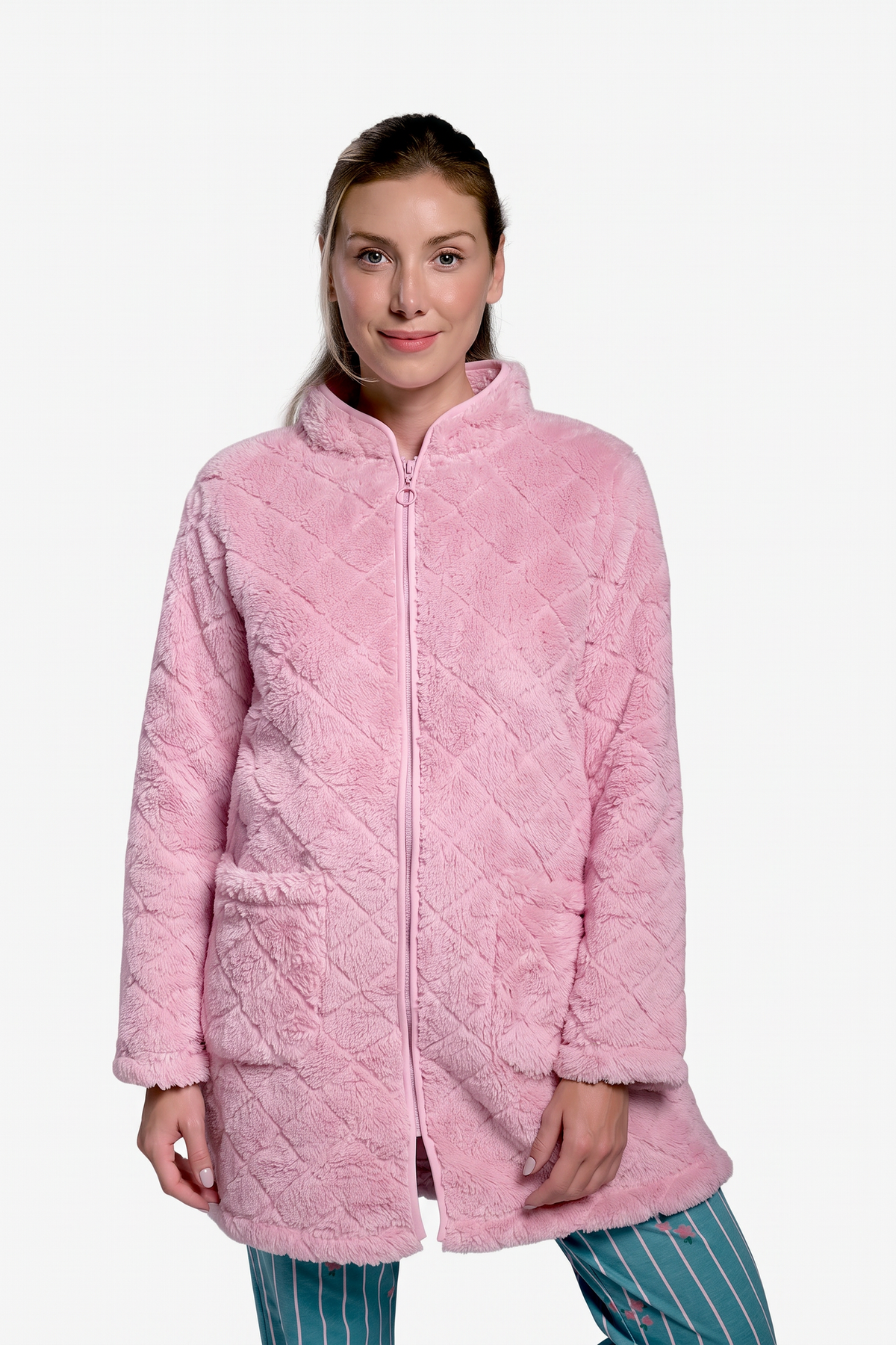 Women's short pink sherpa fleece robe with zip