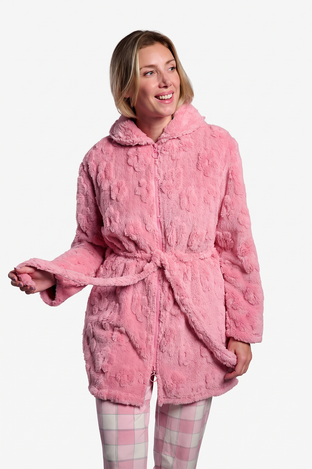 Women's short pink textured coral fleece robe