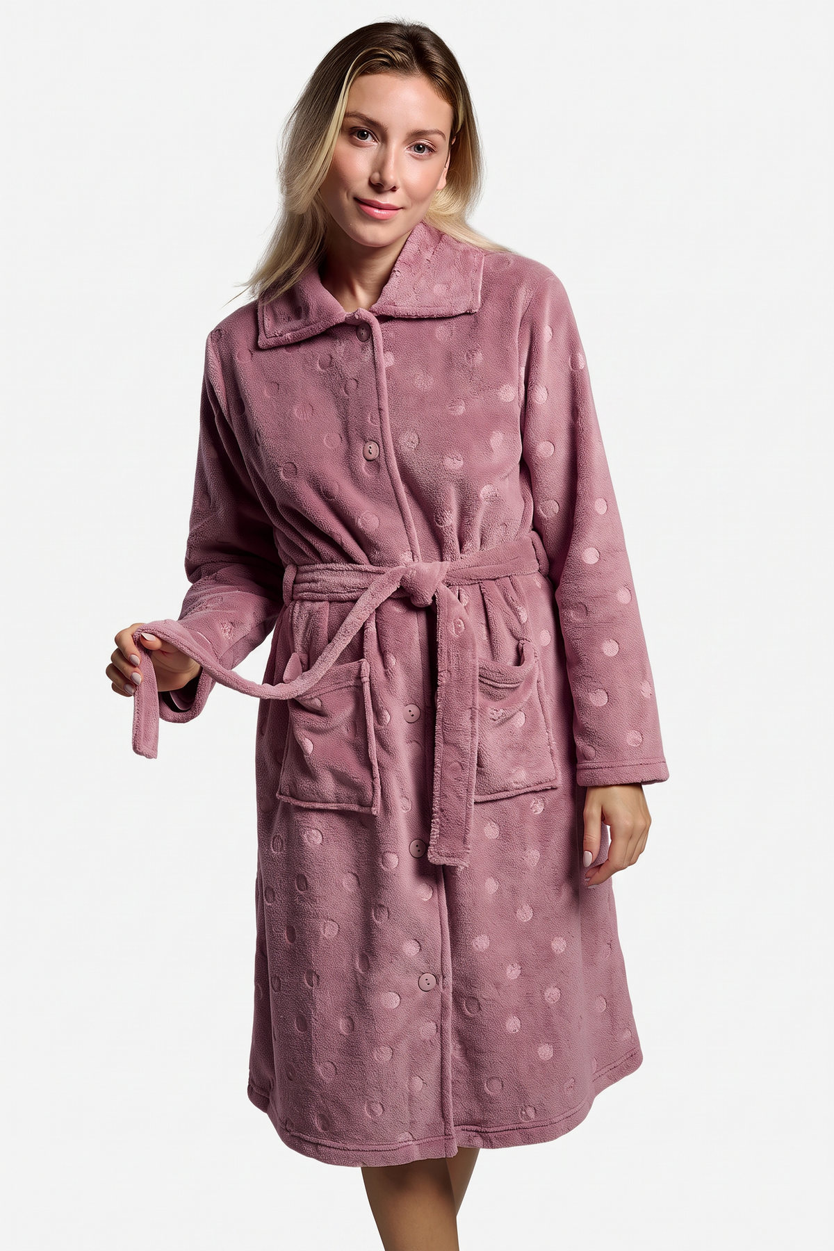 Women's pink polka-dot midi coral fleece robe