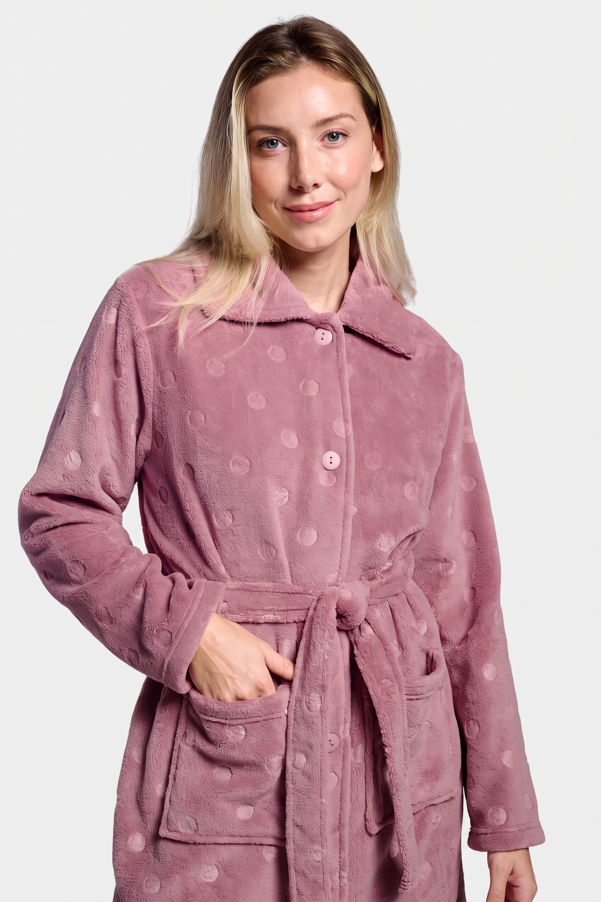 Women's pink polka-dot midi coral fleece robe