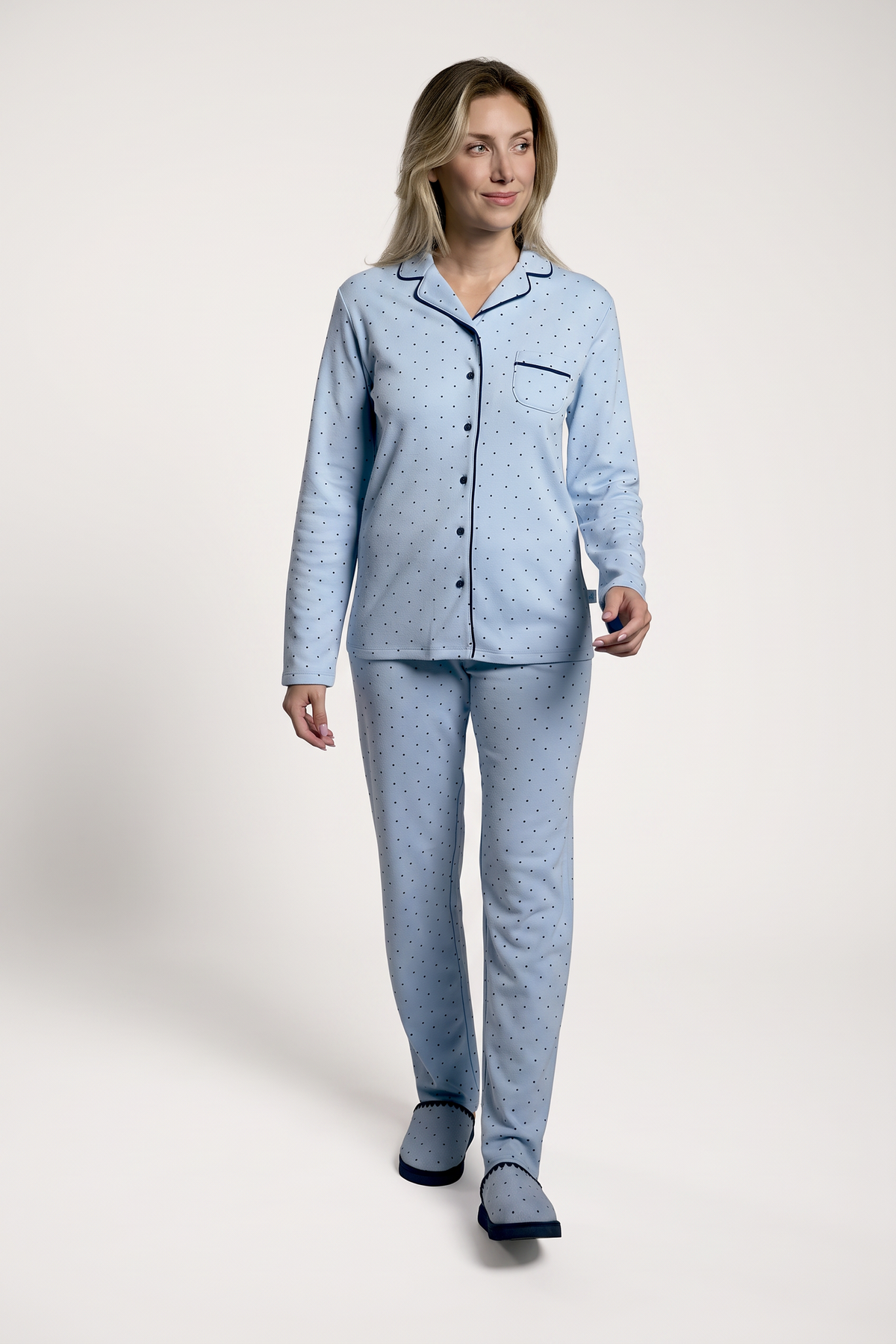 Women's brushed long shirt pyjamas with blue polka-dot print