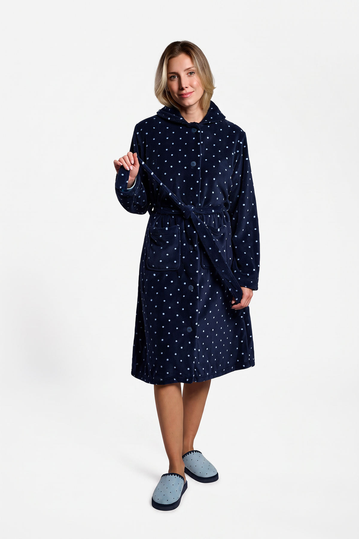 Women's navy polka-dot midi coral fleece robe