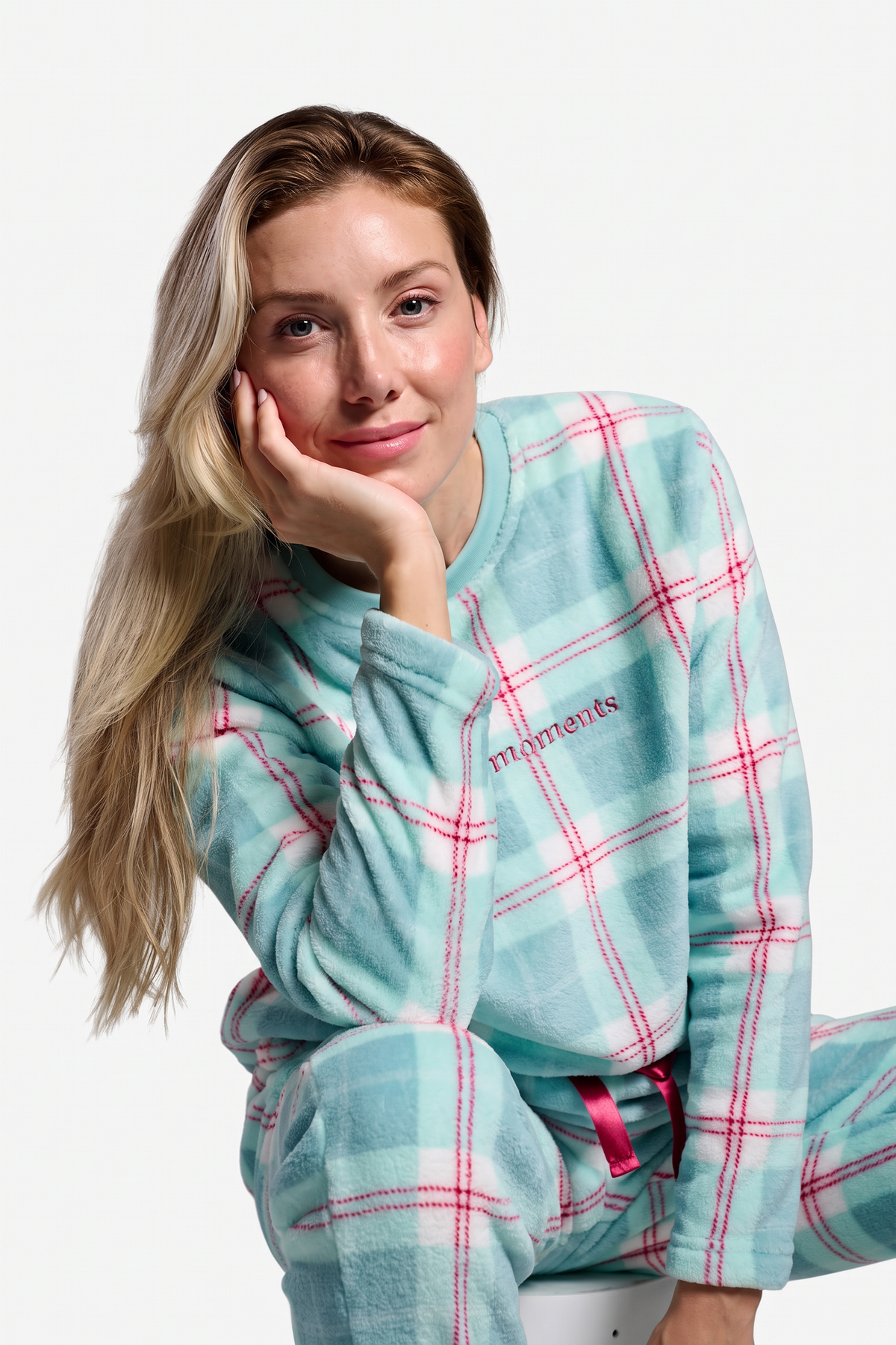 Women's long aqua-green checked coral fleece pyjamas