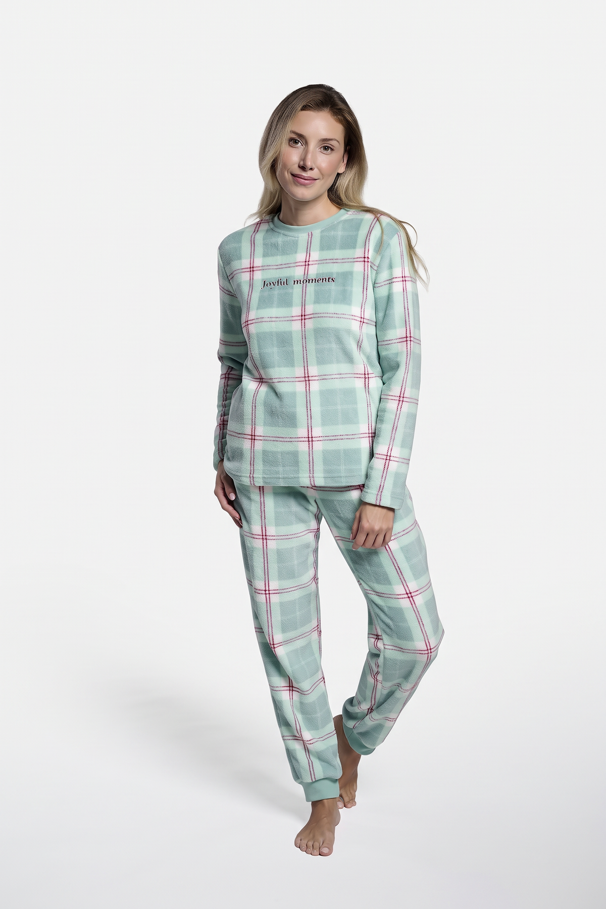 Women's long aqua-green checked coral fleece pyjamas