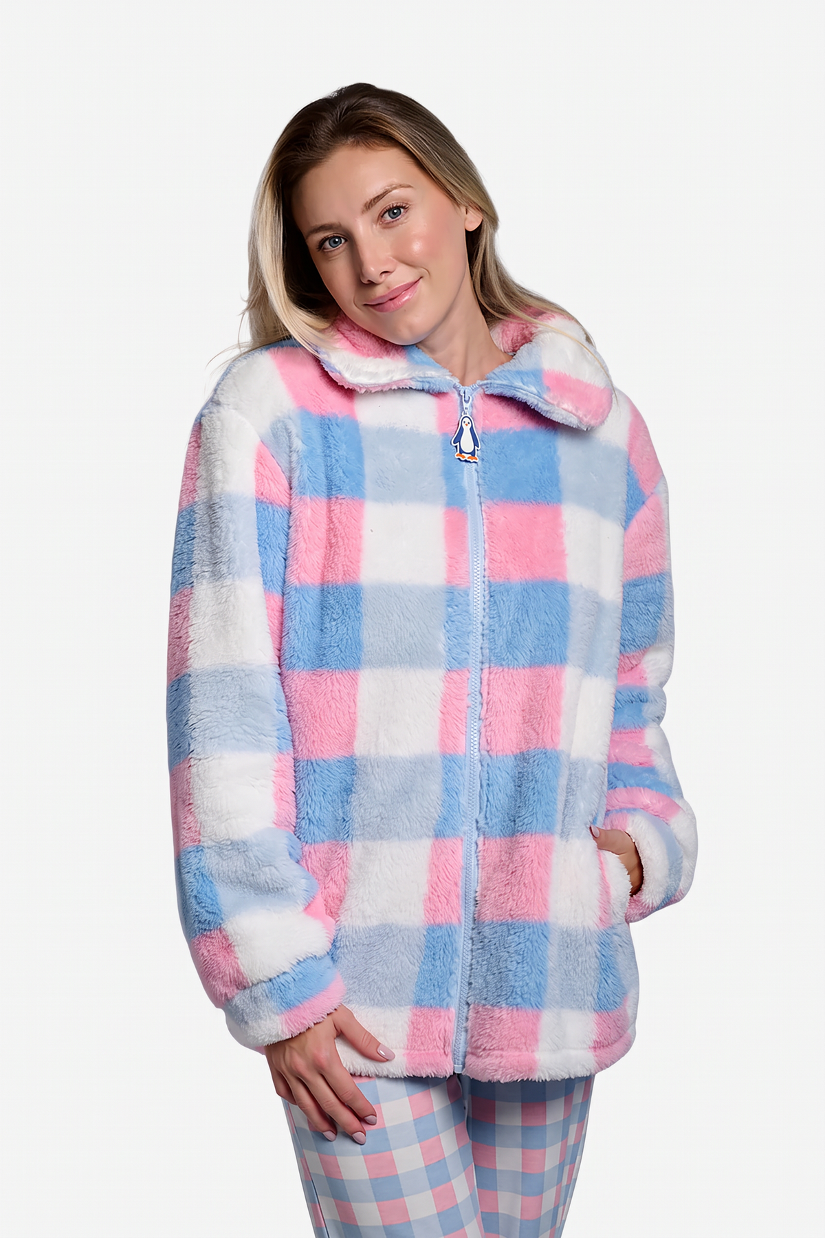 Women's short checked sherpa fleece robe with zip