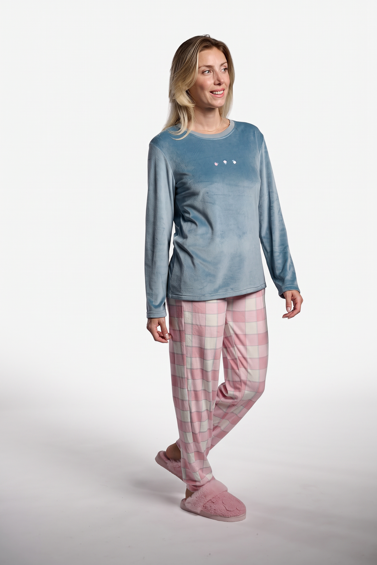 Women's long velvet pyjamas with checked trousers