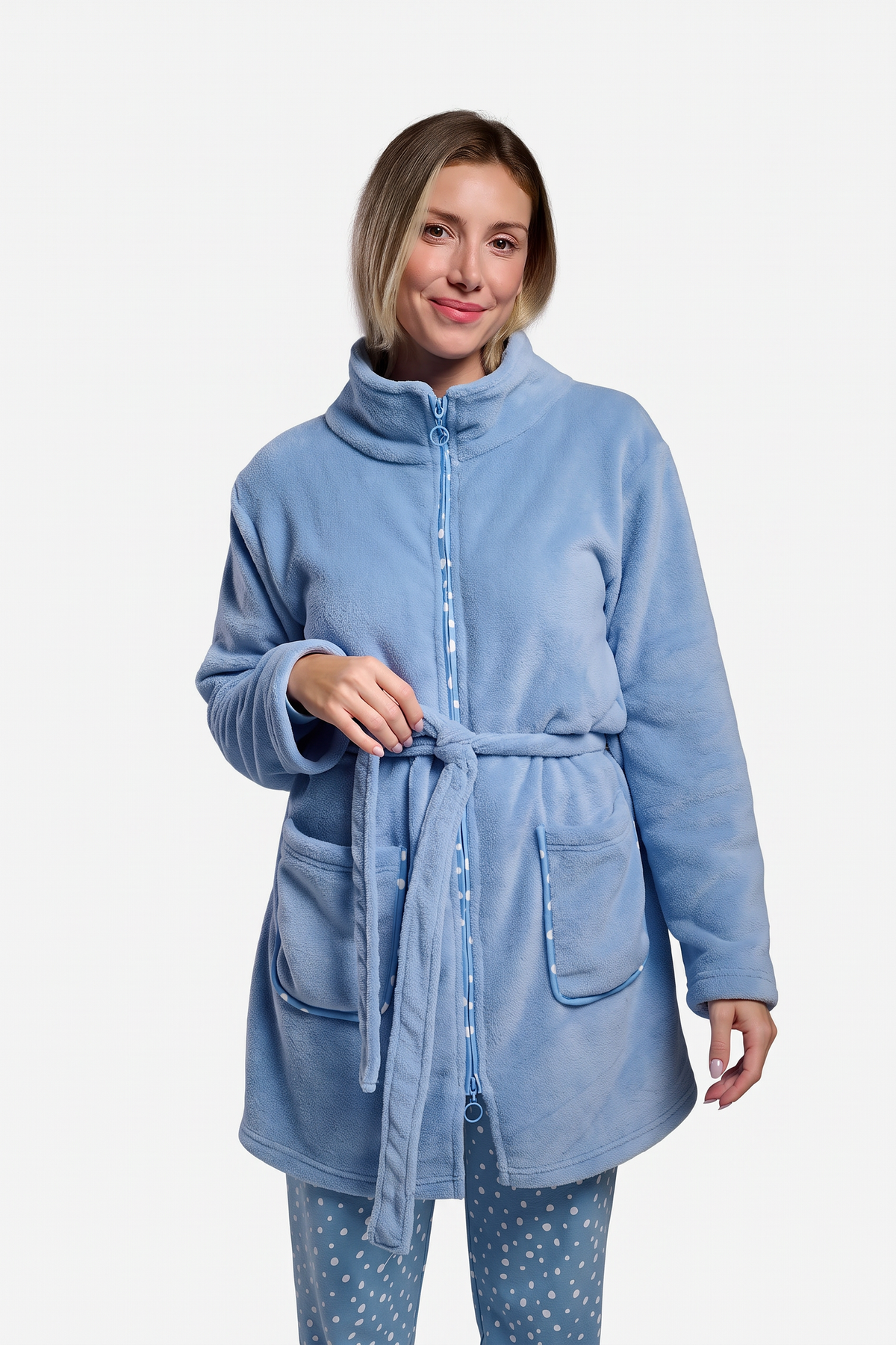 Women's short plain blue coral fleece robe