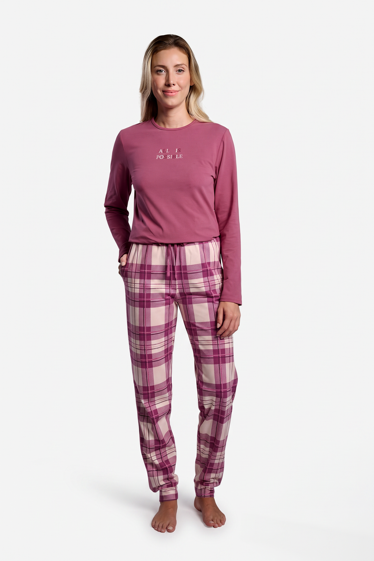 Women's long pyjamas with cotton top and checked flannel trousers