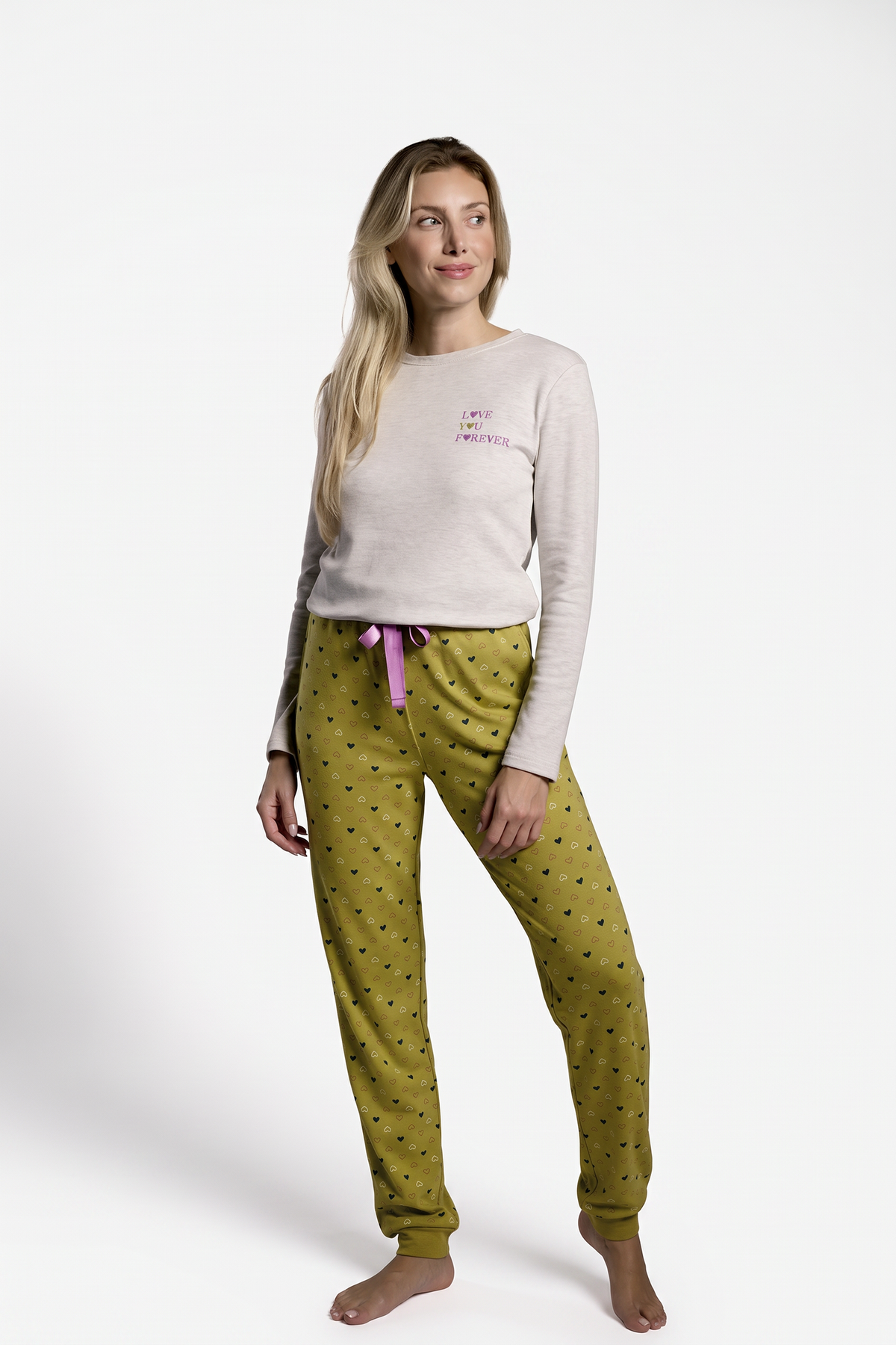 Women's long brushed heart-print pyjamas
