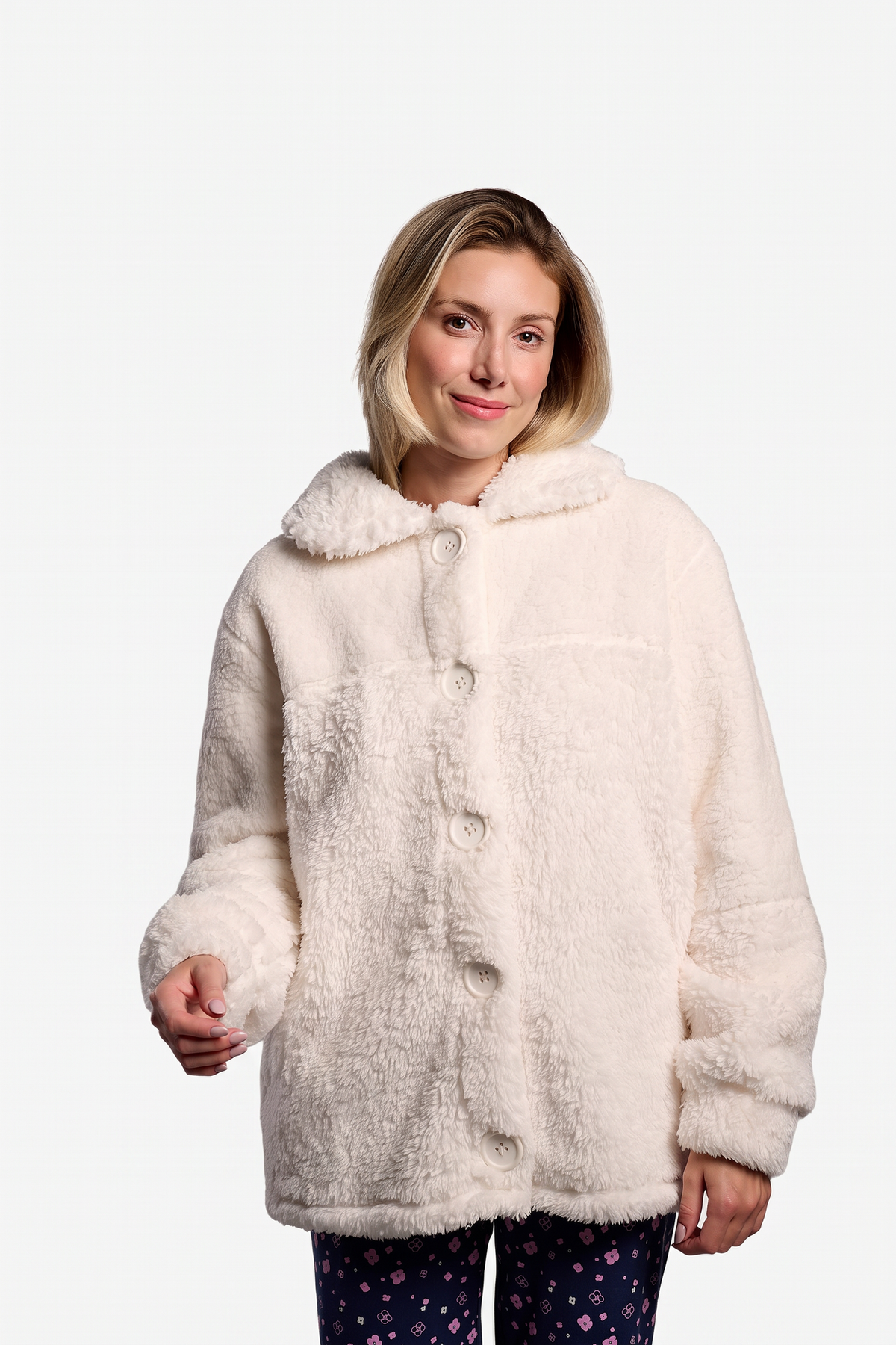 Women's short white sherpa fleece robe with buttons