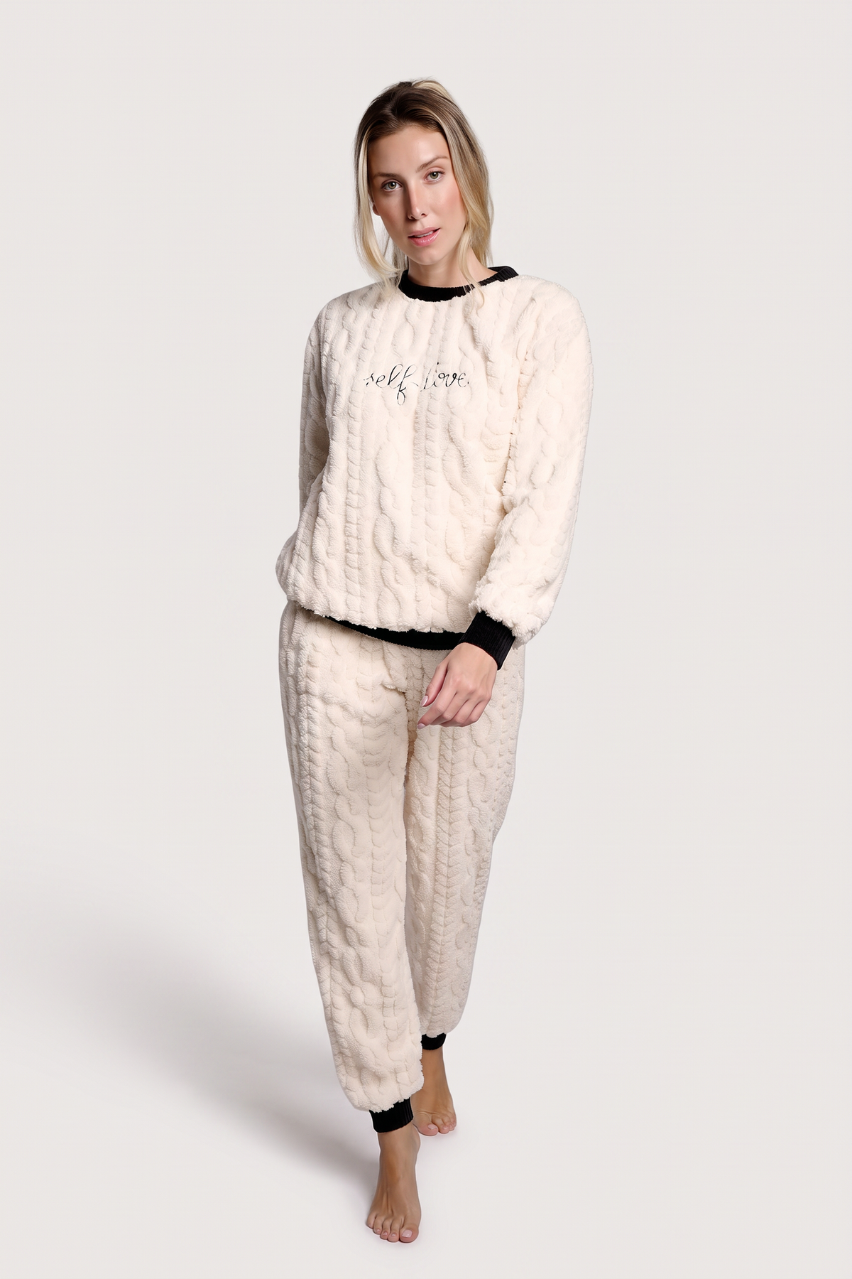 Women's long sherpa fleece pyjamas with cable texture