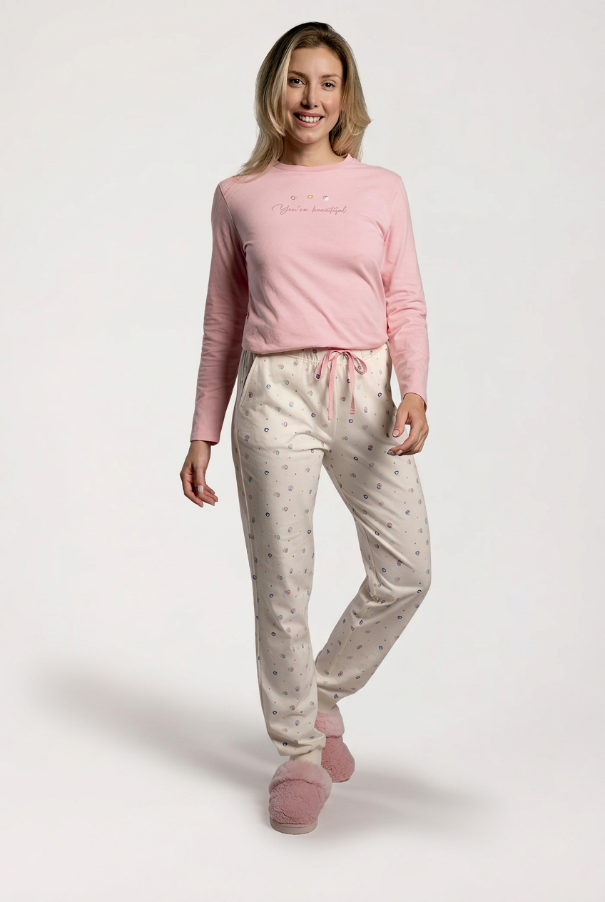 Women's long pink-and-white cotton pyjamas
