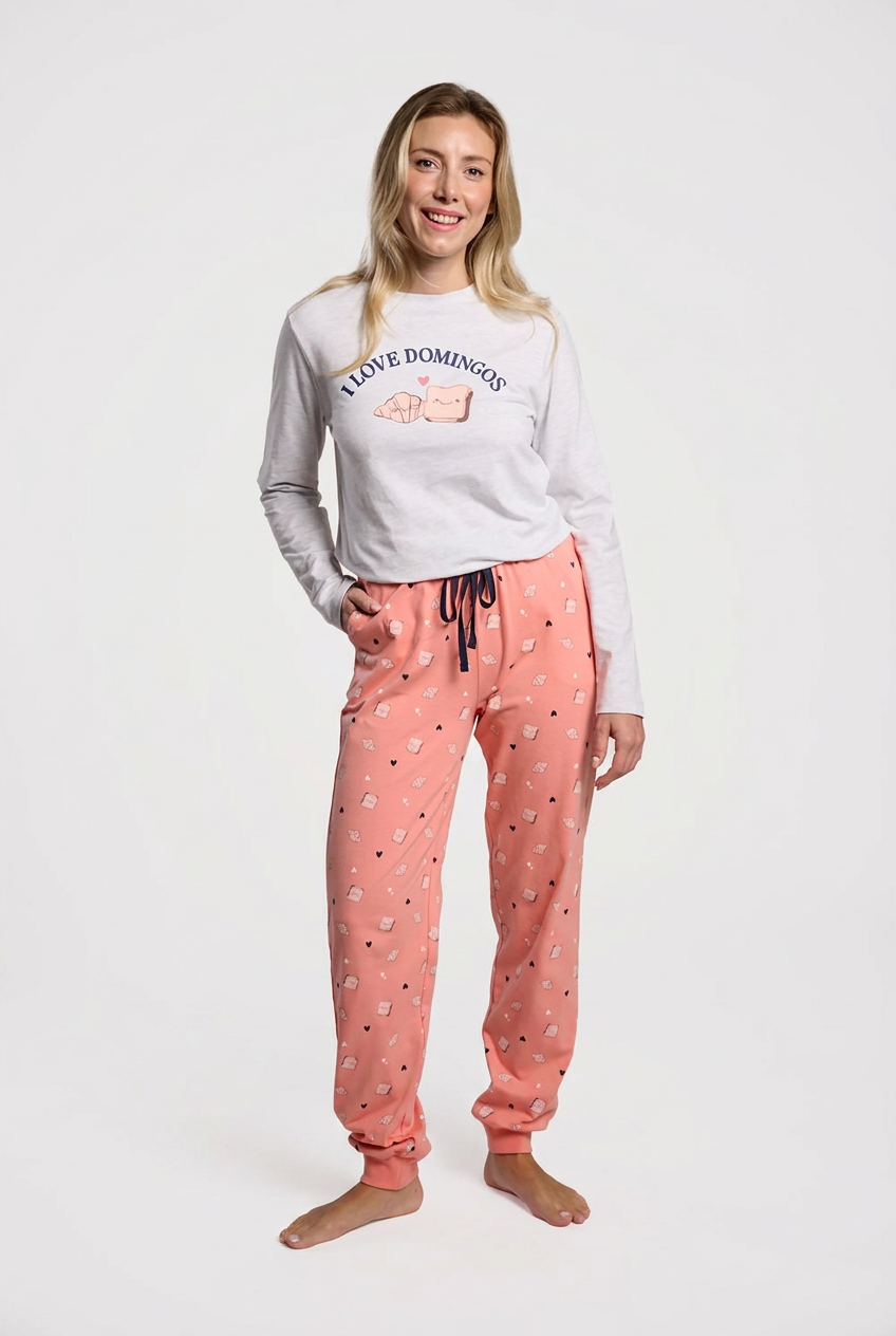 Women's long coral cotton I Love Domingos pyjamas