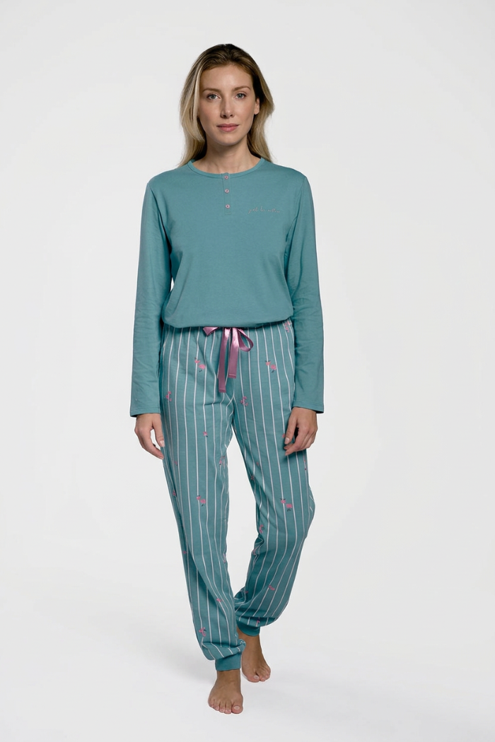 Women's long blue striped cotton pyjamas with details