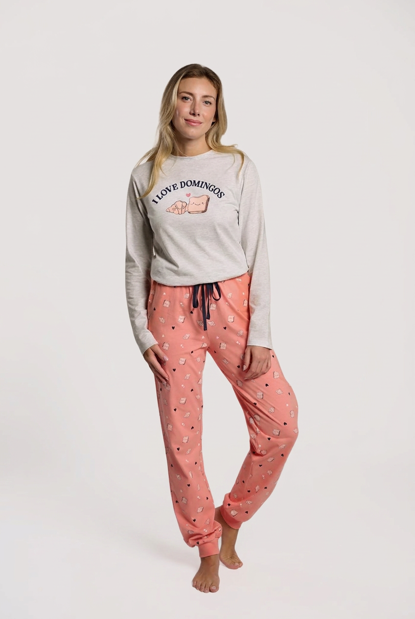 Women's long coral cotton I Love Domingos pyjamas