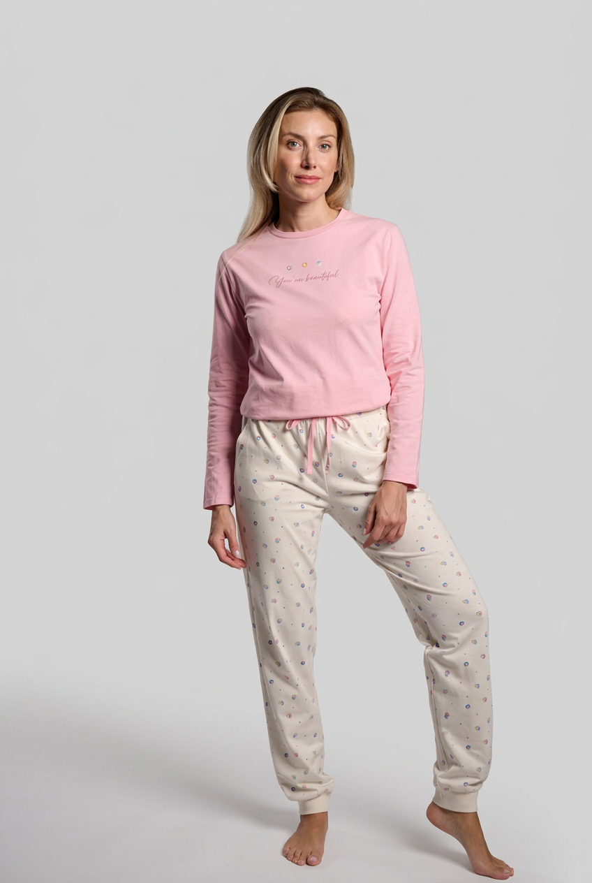 Women's long pink-and-white cotton pyjamas