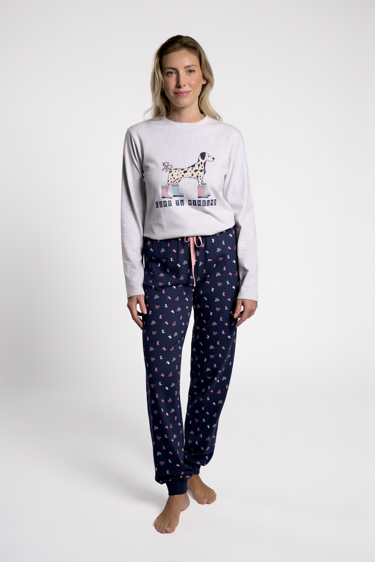 Women's long cotton navy-print pyjamas